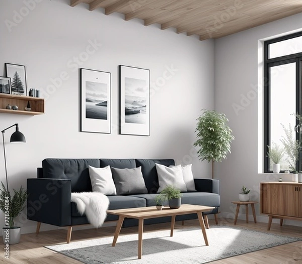 Fototapeta A living room with a couch, coffee table, and two chairs.