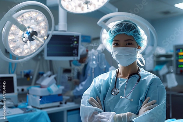 Obraz Asian female surgeons in Action: Empowering asian Women in Surgical Attire with bouffant cap, surgical Mask and Gloves. Empowering and diversity concepts. Image created with AI.