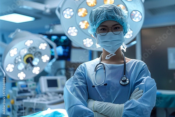Obraz Asian female surgeons in Action: Empowering asian Women in Surgical Attire with bouffant cap, surgical Mask and Gloves. Empowering and diversity concepts. Image created with AI.