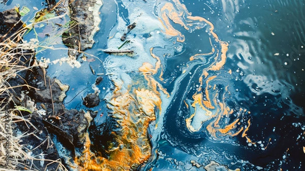 Fototapeta River Pollution. People Fishing Amidst Plastic Waste and Colorful Fish in Polluted Waters
