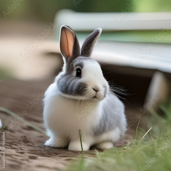 Fototapeta A fluffy bunny with a fluffy tail, nibbling on a blade of grass2