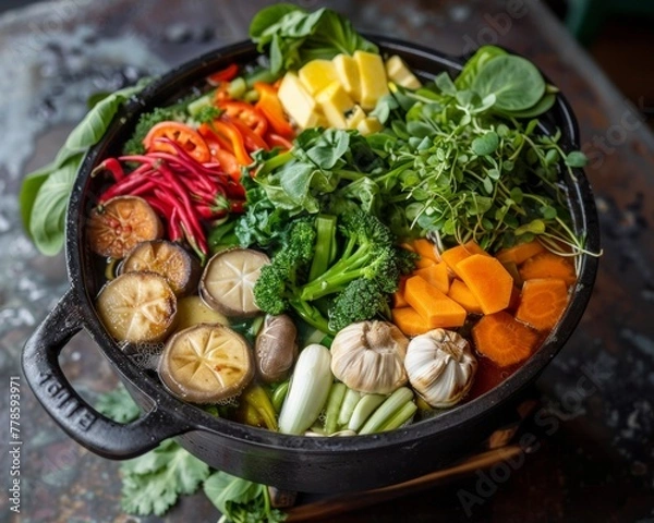 Fototapeta Garden-fresh vegetarian hotpot a colorful array of veggies and whole ingredients