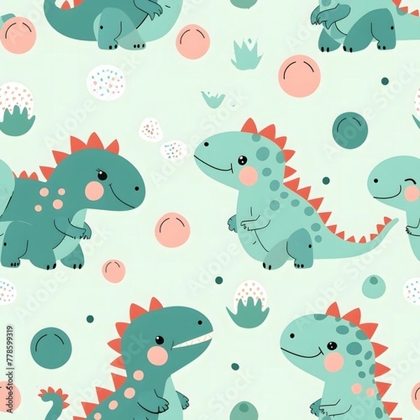 Fototapeta Cute cartoon pattern with dinosaur characters