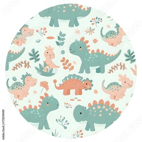 Fototapeta Cute cartoon pattern with dinosaur characters
