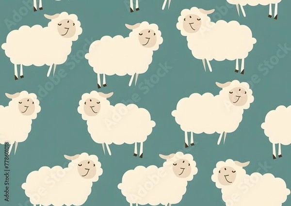 Fototapeta Cute cartoon sheep seamless pattern, green background