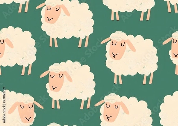 Fototapeta Cute cartoon sheep seamless pattern, green background
