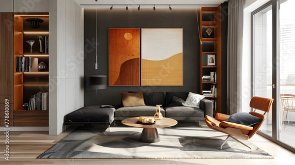 Fototapeta A simple living room with a couch, chair, coffee table, and paintings on the wall.