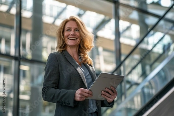 Fototapeta Portrait of a business woman using digital tablet, modern business building, Generative AI