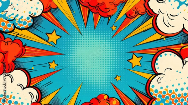 Fototapeta Colorful comic book style explosion illustration with a central banner with blank space for custom content