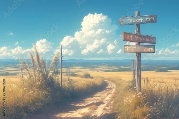 Fototapeta wooden signs with views and roads at countryside