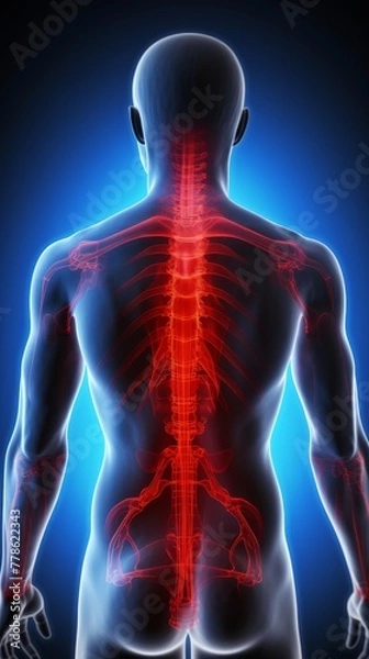 Fototapeta A persons back highlighted in red experiencing acute pain possibly from sports injuries or overtraining 
