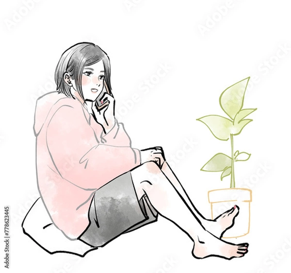 Obraz 床に座ってスマホで話している女性