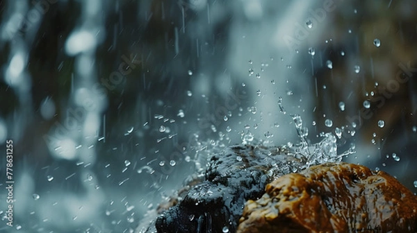 Obraz Close-up shot of water droplets splashing on rocks near waterfall
