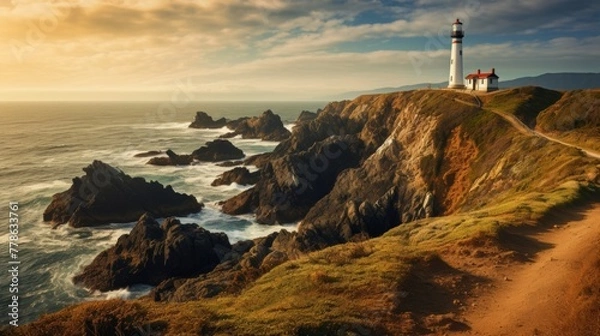 Fototapeta A beautiful and scenic landscape of a lighthouse on a cliff with a blue sky and a green sea