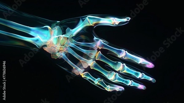 Fototapeta Holographic skeletal hand scan bones illuminated deep black background