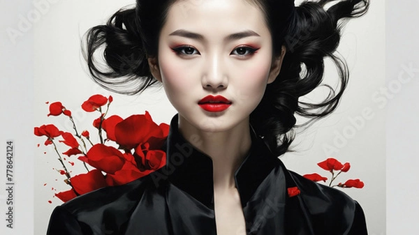 Fototapeta The Portrait of a Chinese girl in black dress with white and black flower