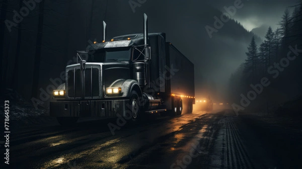 Fototapeta A semi-truck drives down a winding road through a forest at night. The truck's headlights illuminate the wet pavement, and the rain is falling heavily.