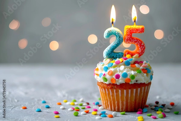 Fototapeta Birthday cupcake with number twenty-five candle