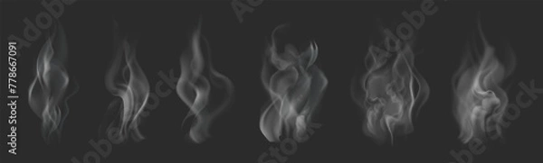 Obraz Set of realistic smoke pattern or fire steam effect isolated on dark background. White smoke or misty fog with overlay texture. Transparent smoke or cloud set as vector weather element. Chimney smoke 