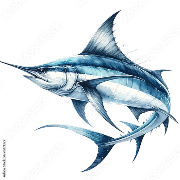 Fototapeta Swift Elegance,Swordfish in Dynamic Watercolor Underwater Clipart
