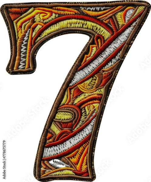 Fototapeta Embroidery patch of number '7' cut out on transparent background