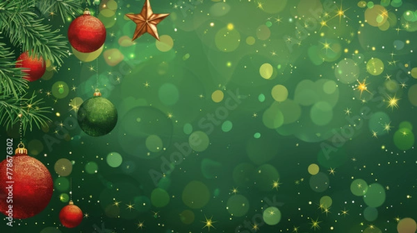 Obraz Vibrant Christmas ornaments like red baubles and a golden star amid bokeh light effects on a green backdrop