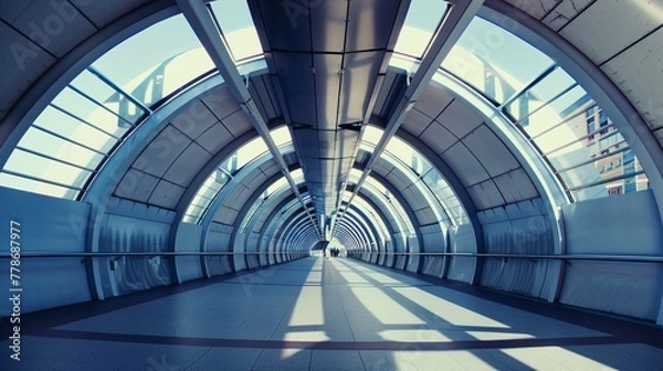 Fototapeta Futuristic station, geometric vaulted archway, streamlined pathway, bright daylight, high contrast, fisheye lens