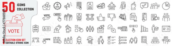 Obraz Set of Election related stroke icons also includes Raising Hand, Electronic voting, poll, box, democracy, ballot, debate, congress, president, government, election, 50+ vote thin icon collections,