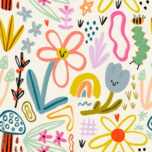Fototapeta Flowers, mushroom, rainbow, caterpillar, doodles. Hand drawn childish illustration. Square seamless Pattern. Repeating design element for printing. Template for fabrics, textiles, wallpaper, clothes