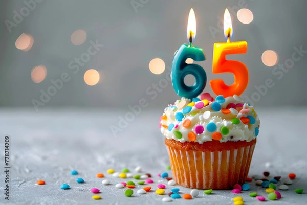 Fototapeta Birthday cupcake with number sixty-five candle