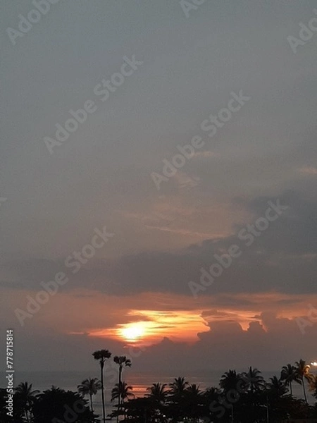Fototapeta beautiful sunset on sea view with beach and tree