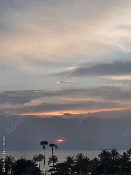Fototapeta beautiful sunset on sea view with beach and tree