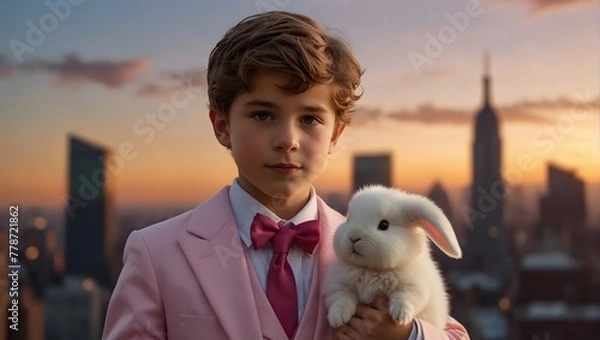 Obraz A dapper boy in a pink suit, holding a fluffy bunny with a mischievous glint in his eye, against a backdrop of a city skyline at sunset. 