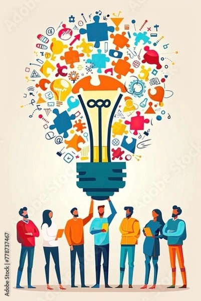 Fototapeta A group of people are holding a light bulb, symbolizing the idea of innovation