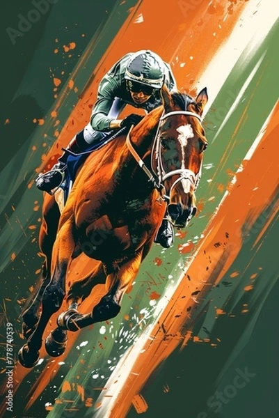 Fototapeta A horse is running in a race with a man on top of it. The horse is brown and the man is wearing a helmet. The image has a sense of motion and excitement as if the horse is in the middle of a race