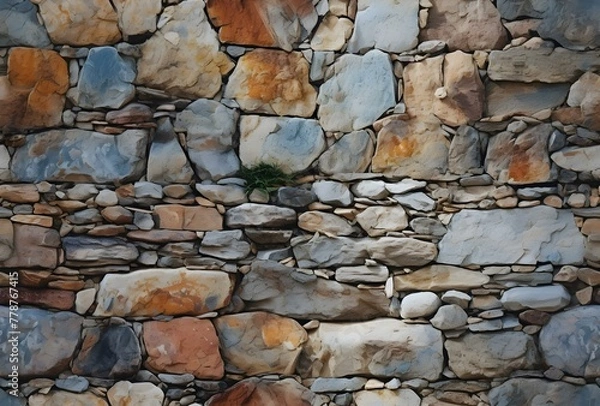 Fototapeta Multicolored Stone Wall with a Patch of Greenery