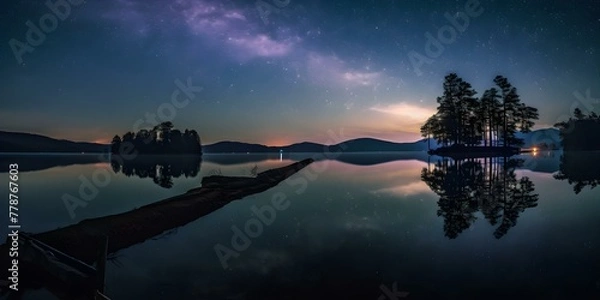 Fototapeta Starry Night Over Tranquil Lake with Luminous Trees
