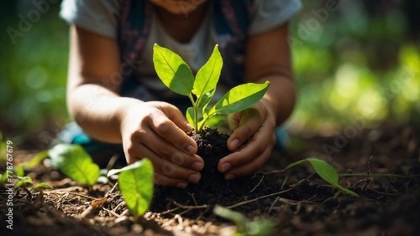 Fototapeta Child's Tender Hands Planting Sapling in Sunset's Golden Glow