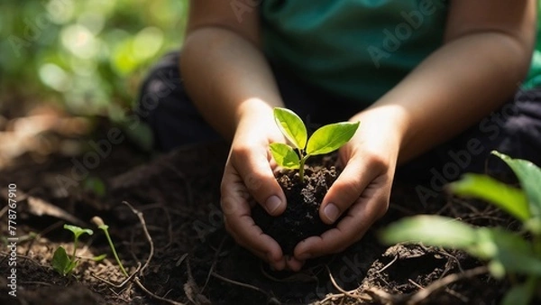 Fototapeta Child's Hands Tenderly Embrace Young Sapling in Sunlight