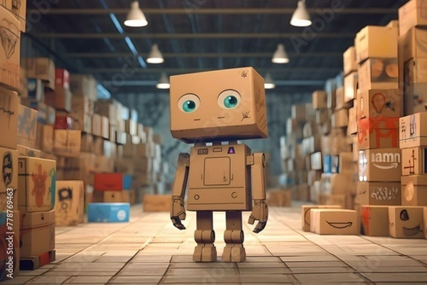 Obraz Curious Cardboard Robot in a Warehouse