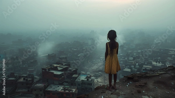 Fototapeta Rear view of a little girl standing on a hill looking out over a city shrouded in smog