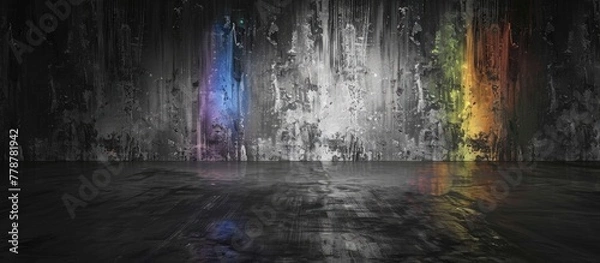 Fototapeta A dark room with a rainbow of electric blue lights shining on wood flooring, creating an artful display reminiscent of midnight. Graphics add to the mysterious ambiance