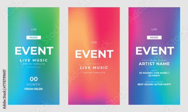 Fototapeta Music event templates set for stories. Night club party, musical entertainment. Colorful design for social networks. Story mockup. Vector illustration