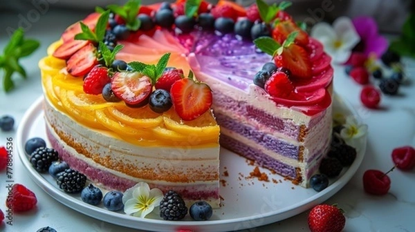 Fototapeta   A plate with a cake slice cut out and topped with berries and blueberries