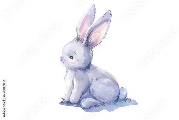 Fototapeta A gentle gray bunny gazes curiously at surrounding butterflies, painted in delicate watercolors, evoking a sense of wonder and innocence, ideal for children's literature and whimsical decor.