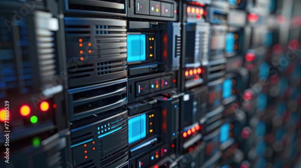 Fototapeta Close-Up of Mainframe Storage Servers in Data Center, Mainframe Servers at the Heart of Cloud Network