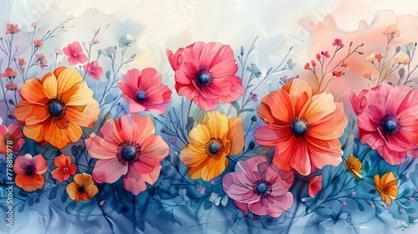 Fototapeta watercolor background with poppy flowers on meadow