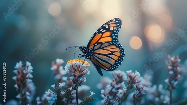 Fototapeta A monarch butterfly perched gracefully on a blooming flower against a soft, dreamy dusk backdrop.
