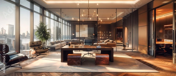 Fototapeta Elegant Modern Living Space with Stylish Furniture and Marble Table, Luxury Interior Design