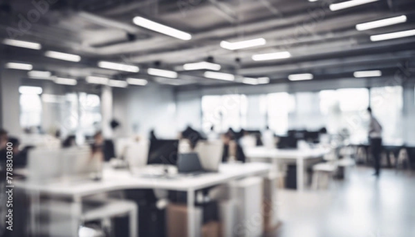 Fototapeta Defocused Modern Office Interior with Bright Lighting, Stylish Furniture, Open Space, and a Professional Atmosphere, Ideal for Corporate, Business, and Workspace Environments
